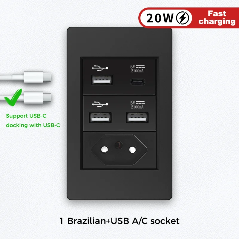 YINKA ทนไฟแผงพลาสติกบราซิล Outlet Wall SOCKET SWITCH,Fast CHARGING Dual USB Type-C,สวิทช์ไฟผนัง,118*72,10A 20A