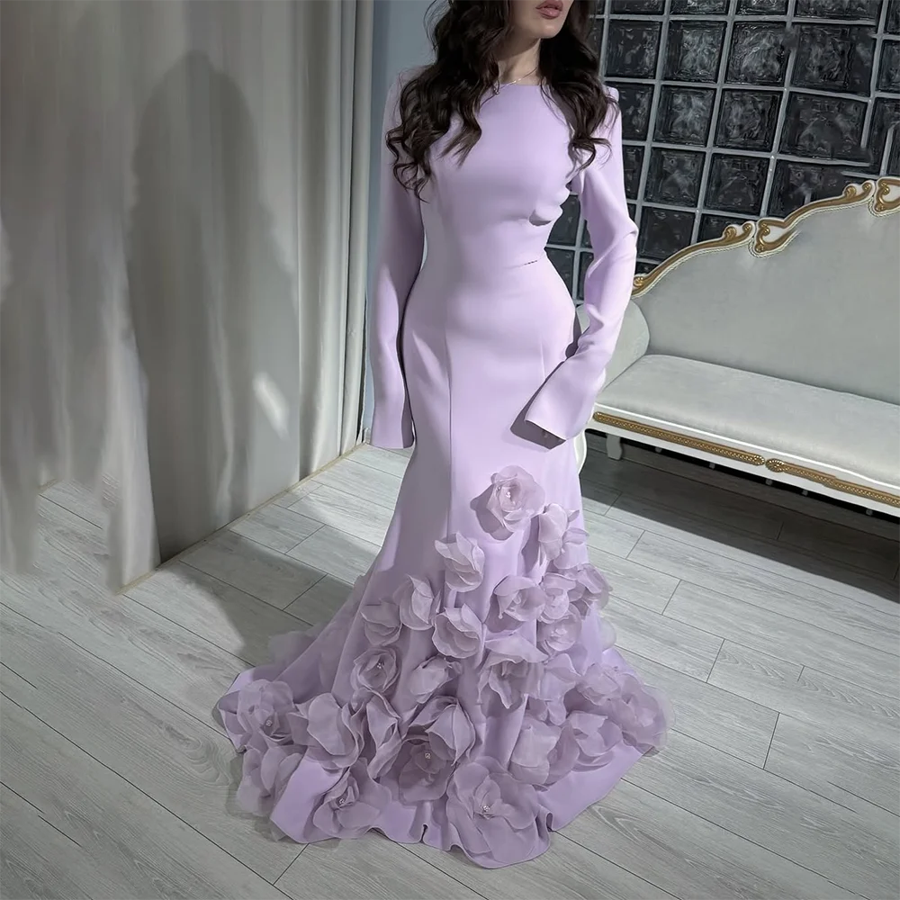 

Lilac Evening Dress Customized O-Neck Long Sleeves Pleated Flowers Mermaid Evening Gowns for Women 2025 Formal Party Dress Long