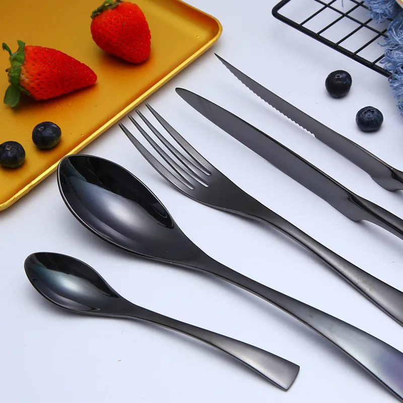 Knife Fork Spoon Set Table Dessert Spoon Stainless Steel Cutlery Titanium Black Household Dinner Western Tableware Food Supplies