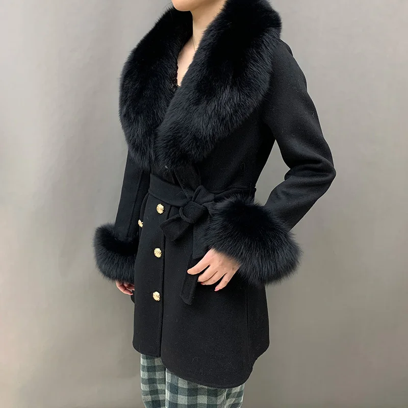 2024 Women New Style Wool Coats Real Fox Fur Big Collar Fur Jackets Lady Elegant Trench Coat