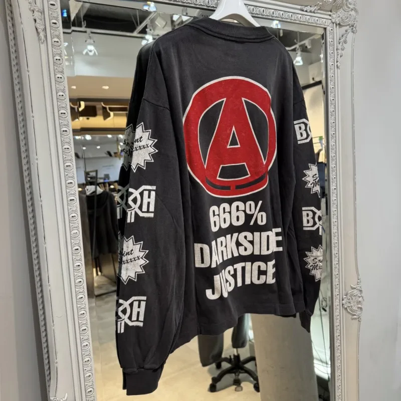 Vintage Washed Worn Black Saint Tshirt Prohibit Errors Red Logo Splattered Graffiti Letter Long Sleeve Men Women Streetwear