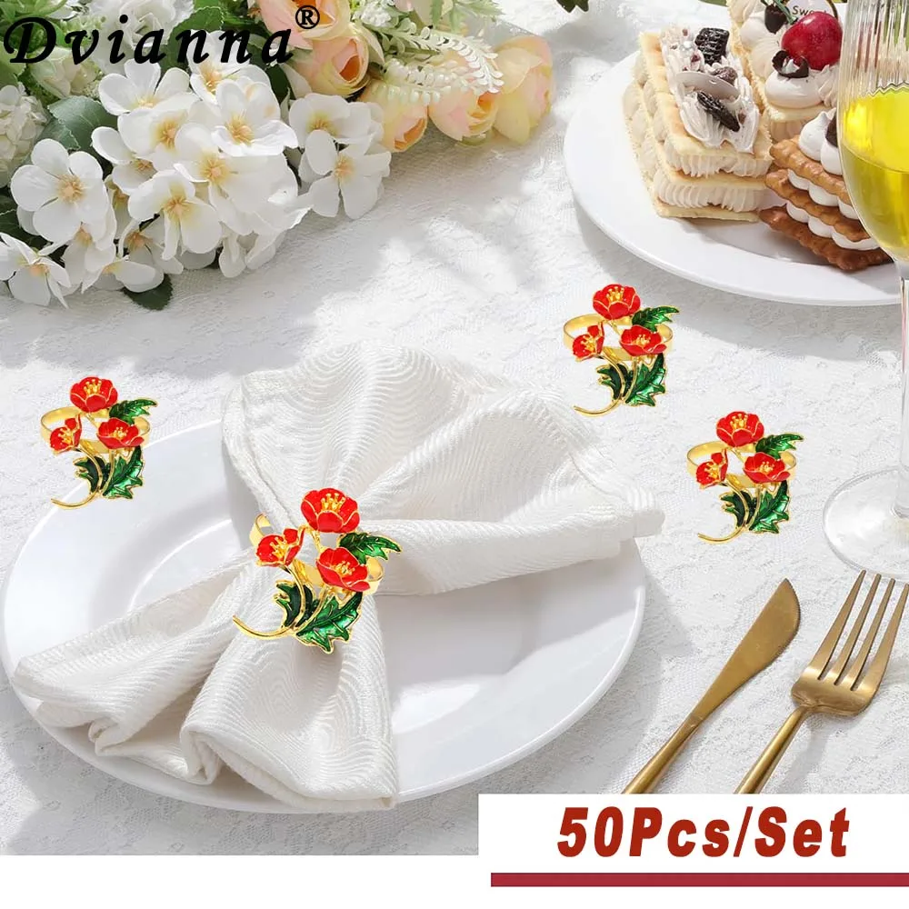 50Pcs Christmas Napkin Ring Elegant Flower Napkin Holder for Wedding Christmas Thanksgiving Birthday Holiday Party Table Decor