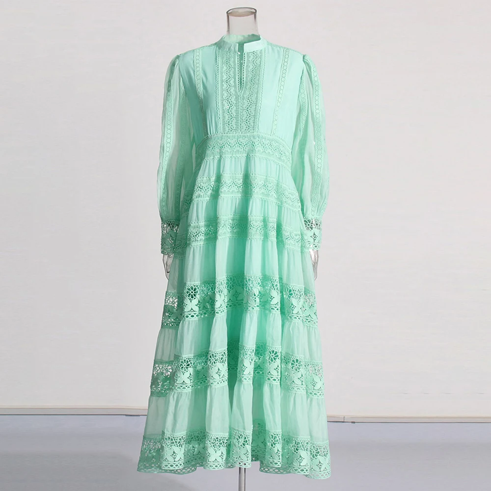 TWOTWINSTYLE Hollow Out Elegant Dresses For Women Round Neck Long Sleeve High Waist Patchwork Embroidery Solid Dress Female 2024