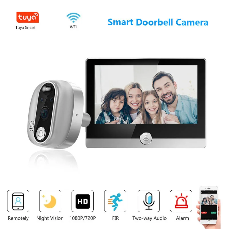 Smart Video Campanello Citofono Telecamera di sorveglianza WiFi 1080P con schermo visivo LCD da 4,3 pollici Rilevazione movimento PIR Sicurezza domestica