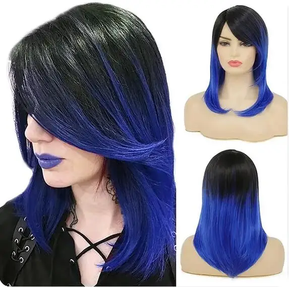 Synthetic Hair Women Ombre Black Red Wig Medium Long Straight Side Part Wigs