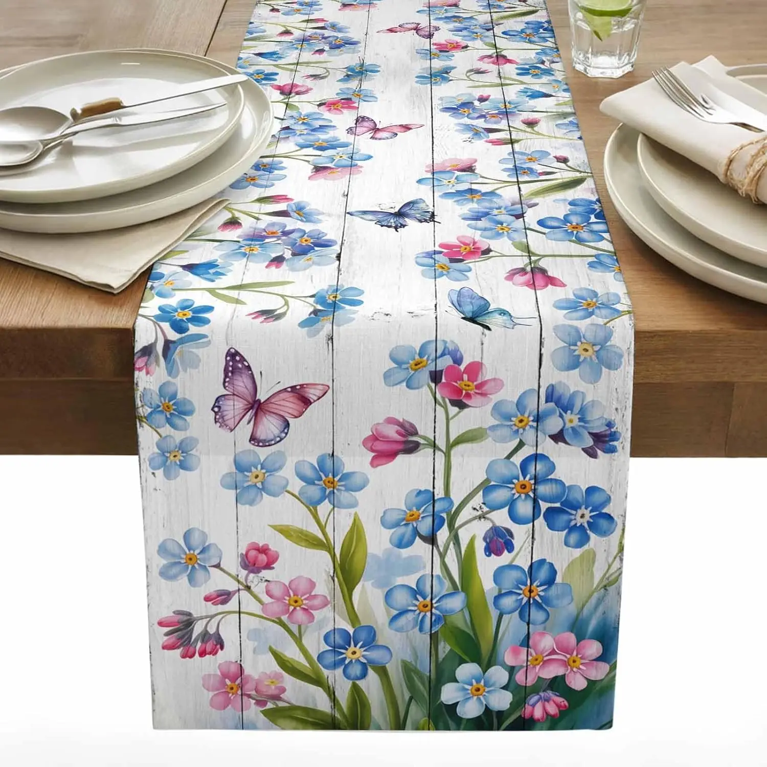 Watercolor Flower Linen Table Runner Party Decor Spring Blue Floral Butterfly Wood Grain Dining Table Runners Wedding Decoration