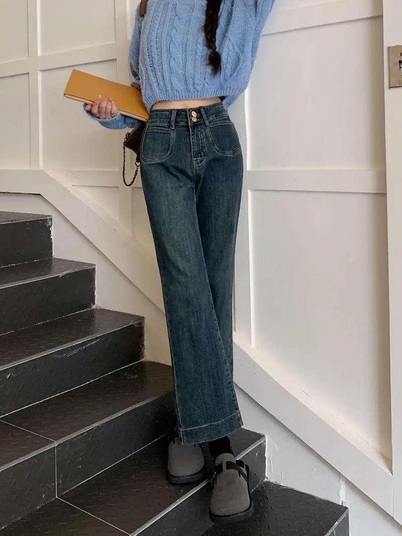 High-Waist-Schlagjeans für Damen, schmal geschnitten, amerikanischer Stil, Denim-Hose, Frühling/Herbst, für einen schmalen Körpertyp, 7/8-Länge