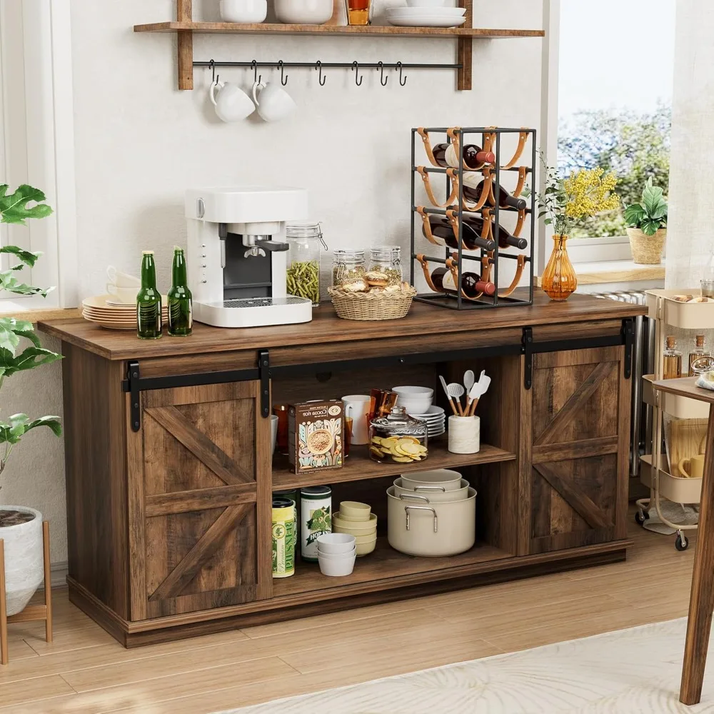 

Farmhouse Sideboard Buffet Cabinet, Coffee Bar Storage with Sliding Barn Doors, Shelf for Home Dining Room, Barnwood