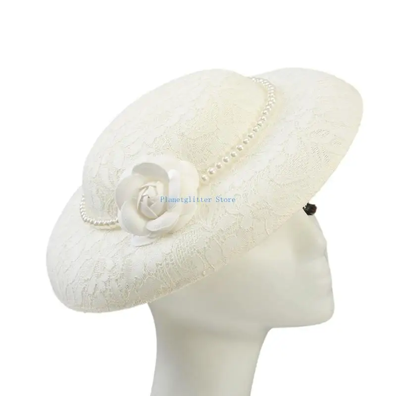 652B Elegant Pearls Embellished Linen Bucket Hat With Flower Accents For Weddings And Outdoor Event