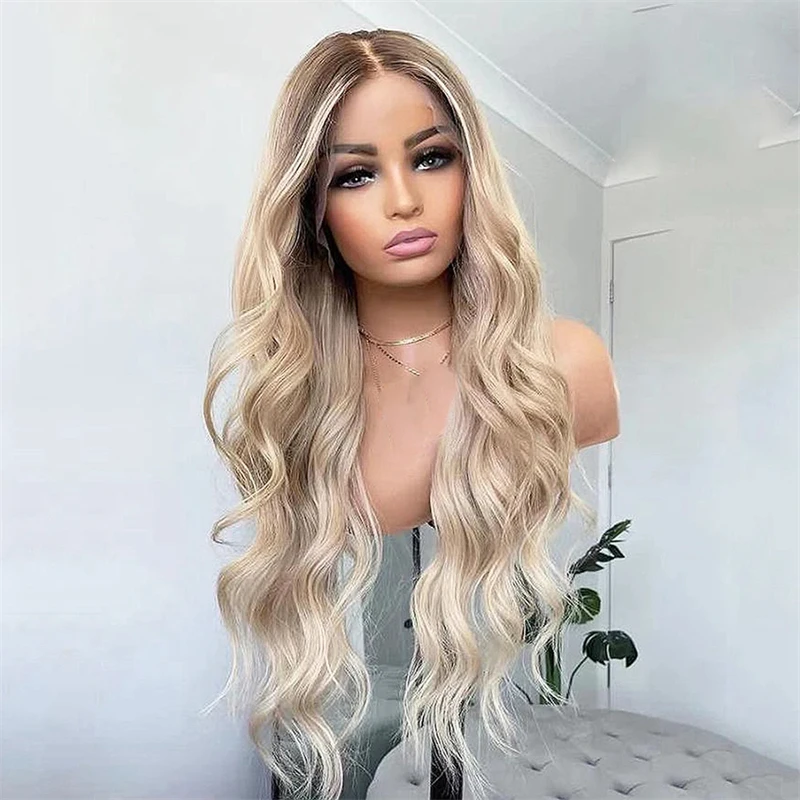 26 Inches Ombre Ash Blonde Body Wave Synthetic Lace Front Wig Realistic Hairline Wig For Women Alopecia Hairlos Natural Looking