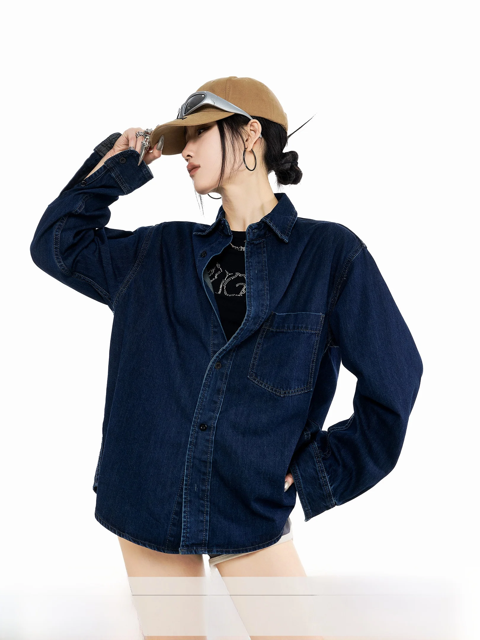 

Ich Mode American Retro Denim irt Jaet Women's Spring New Versatile Loose Casual Top Cotton Polyester Blend Long Sve