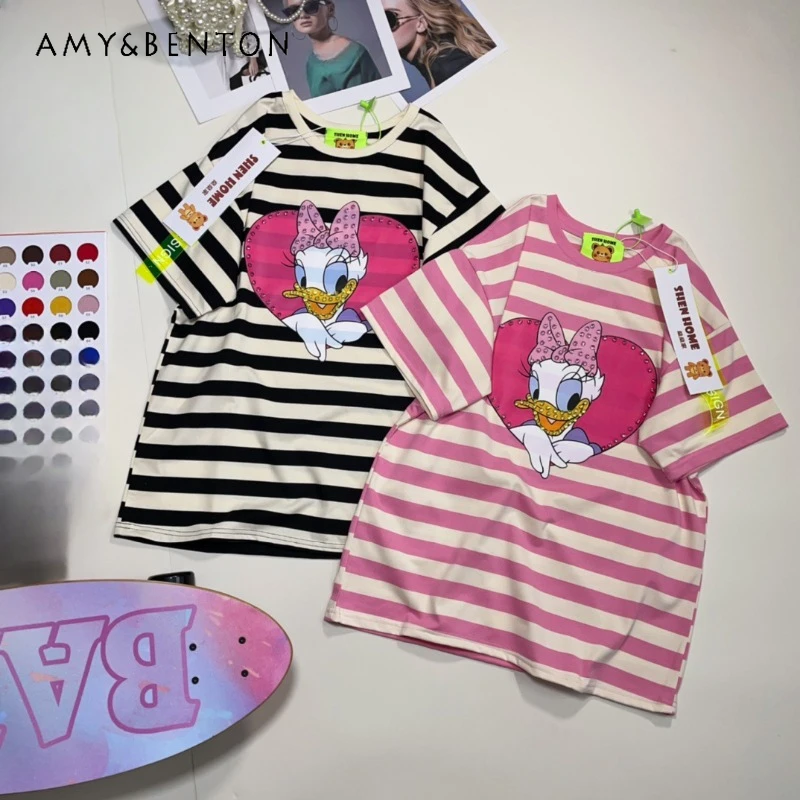 

Potdemiel Summer 2024 Y2k Tshirts Kawaii Clothes Fashion Design Cartoon Print Simple Casual Striped Loose Short Sleeved T-shirt