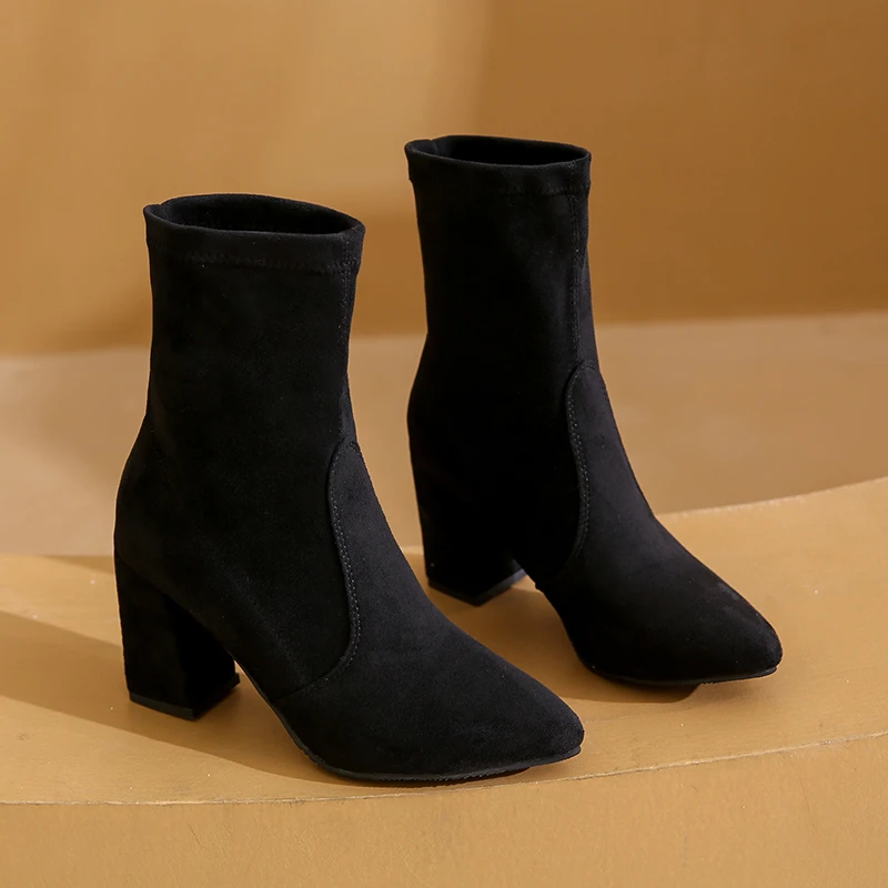 Winter new style chunky heel fashionable ankle boots for women sock boots available in multiple colors large sizes collection. view 2