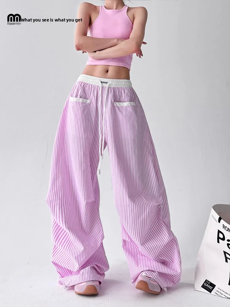 

Летние брюки 2025: Свободный крой, розовые полосы, цветные блоки, высокая талия, длинные, в стиле американского джаз-хип-хопа, широкие штанины, повседневные