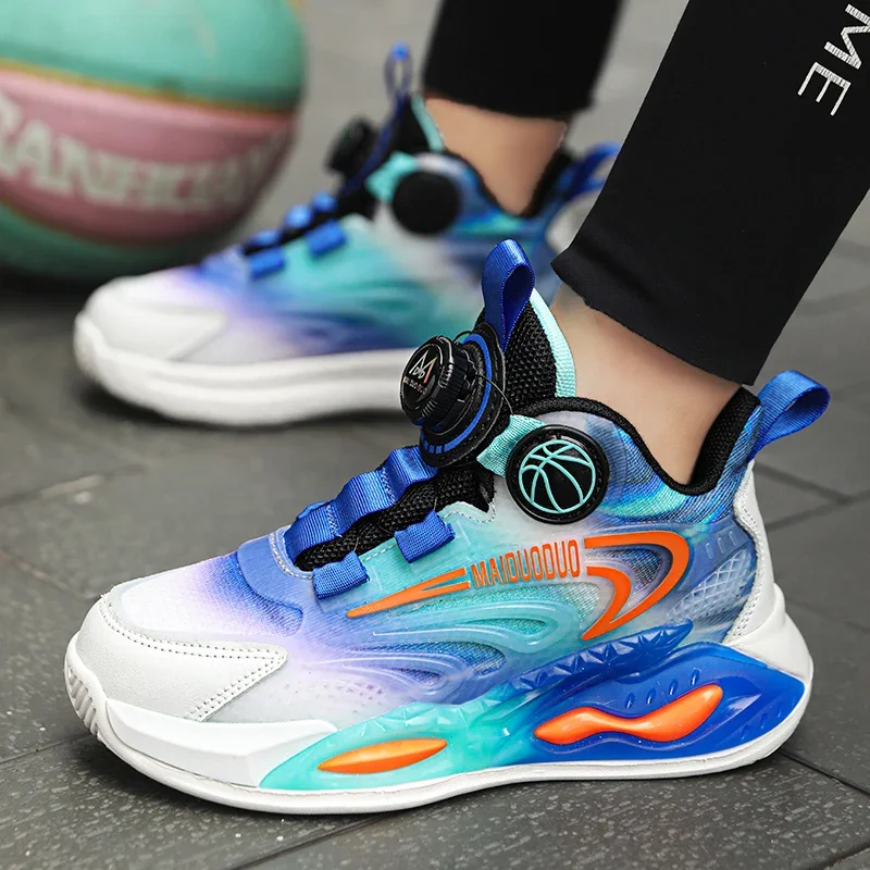 

Professional children's basketball shoes men 2024 new breathable mesh surface rotary buckle non-slip big children's sports shoes