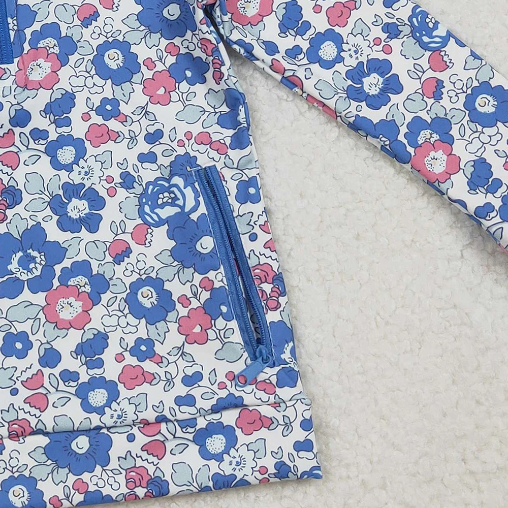 بلوفر بأكمام طويلة مزين بالزهور باللون الأزرق والوردي للفتيات الصغيرات مع جيوب بسحاب ملابس لليوجا النشطة للأطفال