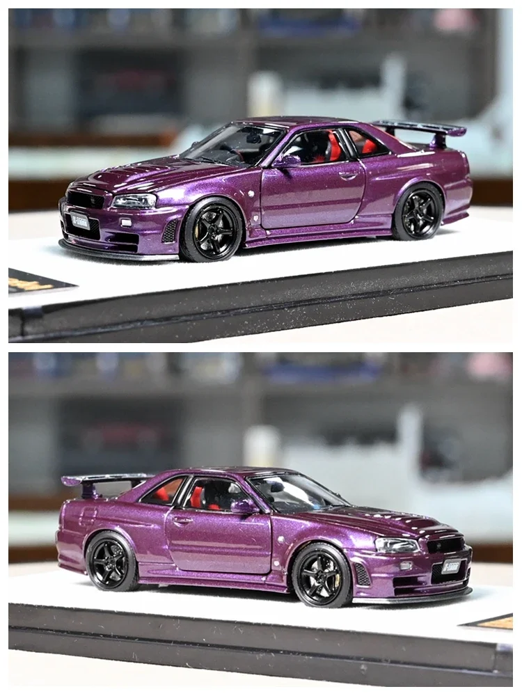

Металлическая статическая модель автомобиля PGM 1:64 GTR R34 Z TUNE Purple JDM, полностью открывающаяся, имитационная, лимитированная серия, подарок