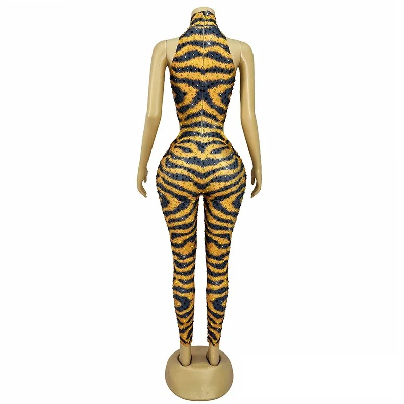 Tiger Pattern Rhinestones Jumpsuit Women Party Gogo Dance Costume Nightclub Dj Ds Rave Outfit Stage Festival Cloth