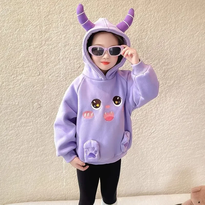 

Autumn/Winter Playful Little Devil Fleece-Lined Thickened Hooded Sweatshirt for Baby Girls Kids - Stylish Trendy Top