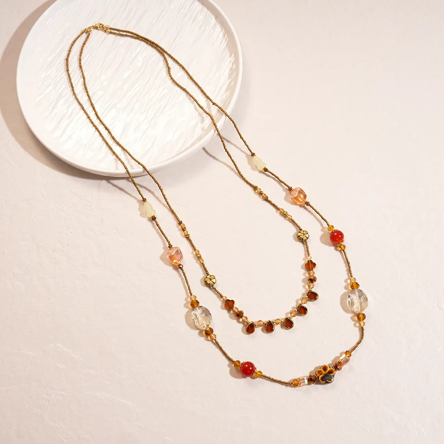 Bohemian Glass Crystal Long Chain Necklaces for Woman Water Droplet Flower Ceramic Beads Necklace Ethnic Style Party Jewelry