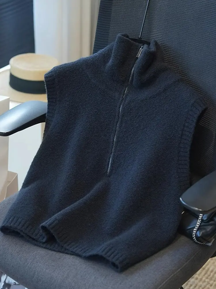 

Korean Sle Commute Knitted Vest f Zipper Svel Pullover Casual Layering Top Women Loose Fit Regular Length