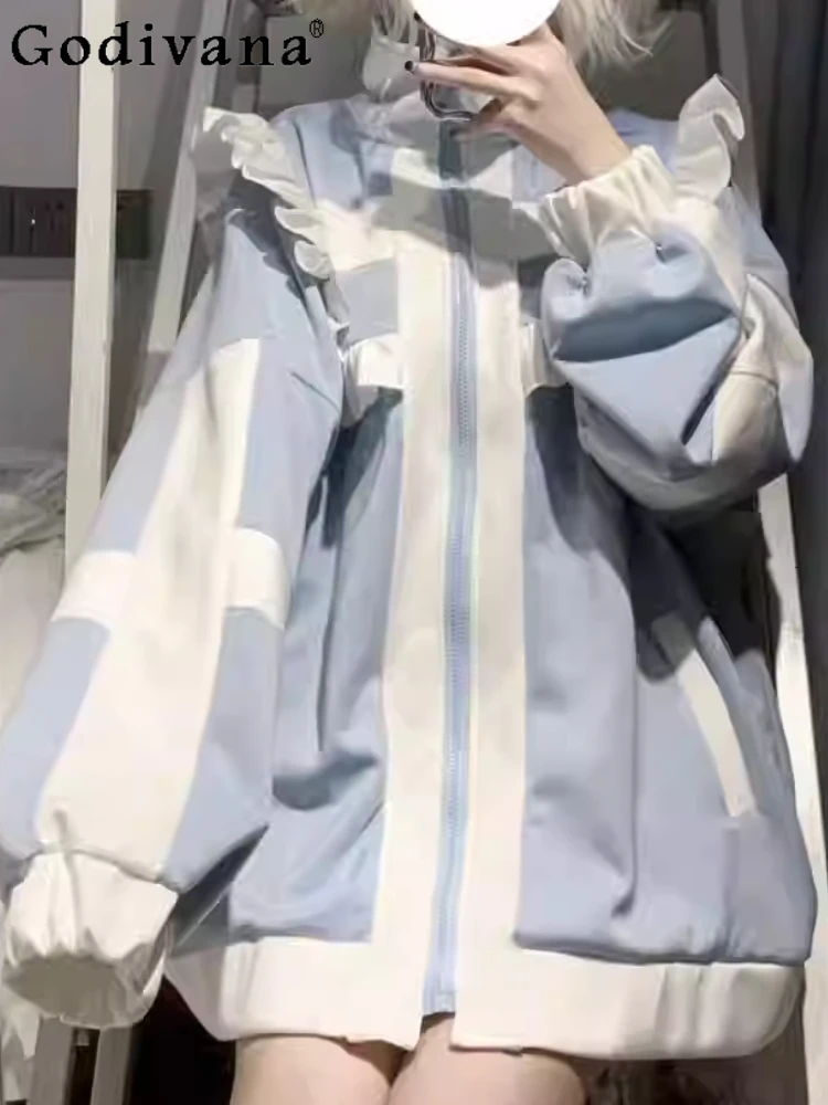 اليابانية الحلو الوقوف طوق طويلة الأكمام الحد من العمر سترة سترة فتاة الخريف الشتاء الكشكشة فضفاضة موضة جاكيت زيبرا #5