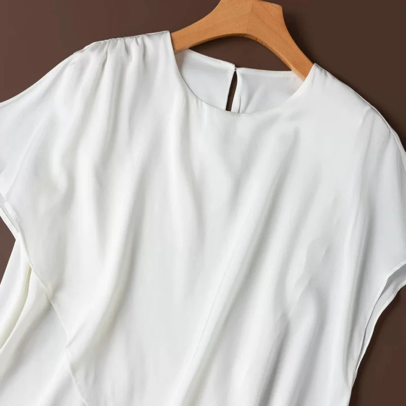 Birdtree, 19MM 93% Silk 7% Spandex Tshirt, O-neck Short Sleeve Tops, Women's Double Qiao Solid Shirt, 2026 Summer New T67406JF