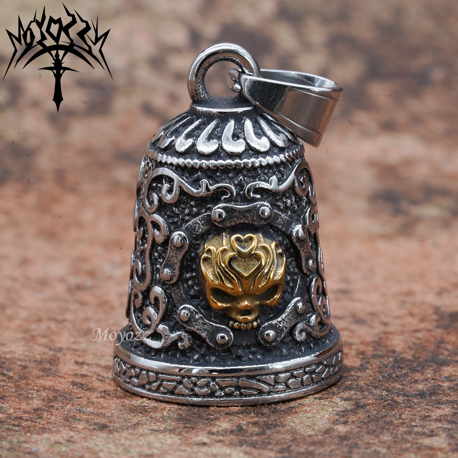 New Skull Motorcycle Guardian Bell Silver/Gold Men\'s Rock Hip Hop Party Stainless Steel Bell For Mens & FREE Bell Hanger