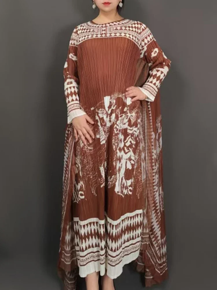 

Miyake Round Neck Full Sleeve A-Line New 2025 Elegant Ladies Loose Fashion Casual Dresses Pleated Printed Women's Long Dress