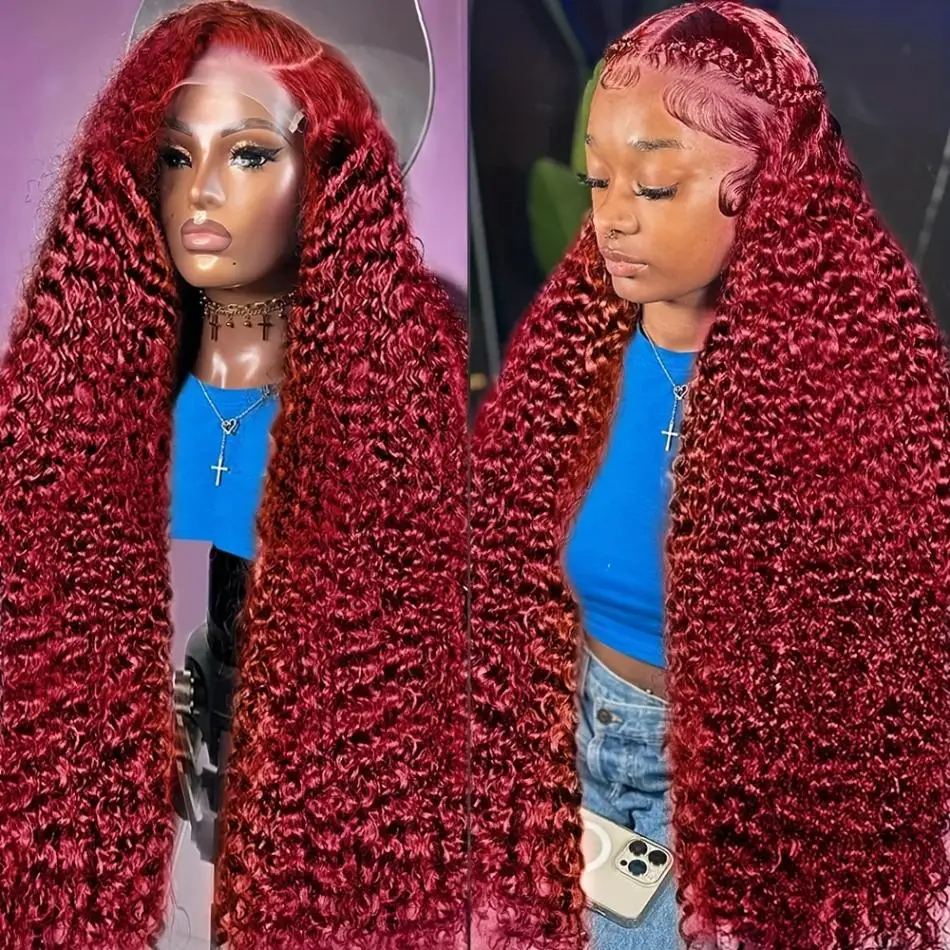 HD Lace Frontal Wig 13x4 13x6 Burgundy Colored Curly Wigs Human Hair Wig 100% 30 40 Inch Deep Wave For Women Lace Front Wigs