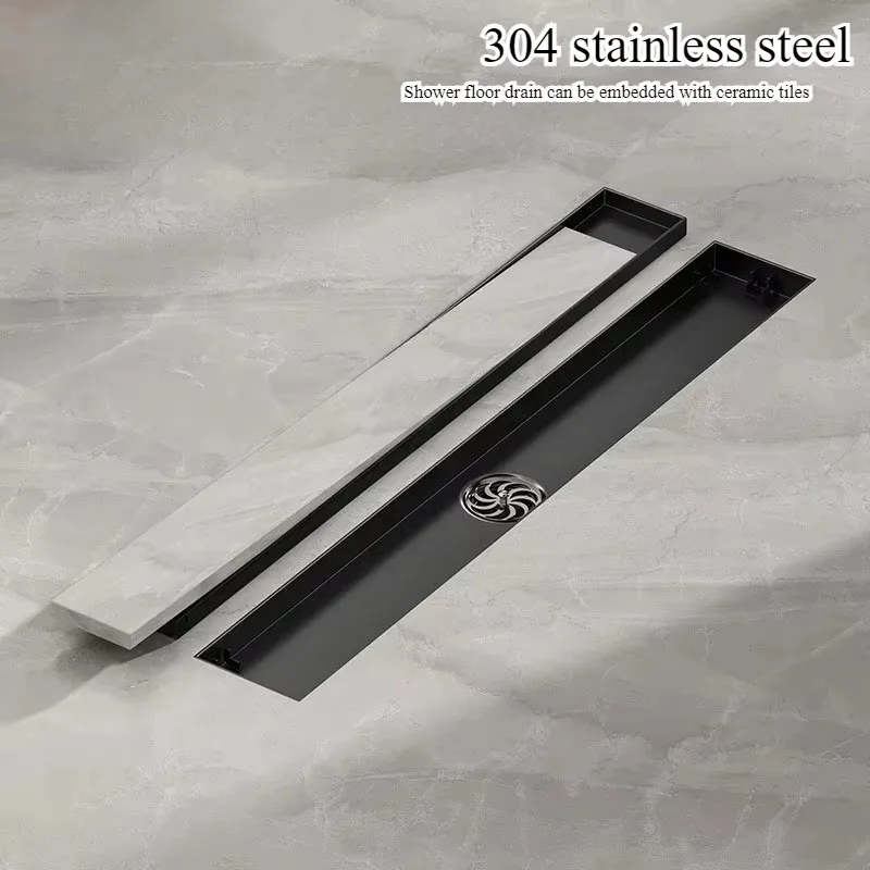 Black Concealed Shower Floor Drain, 304 Stainless Steel Large Displacement Odor Proof Bathroom Floor Drain