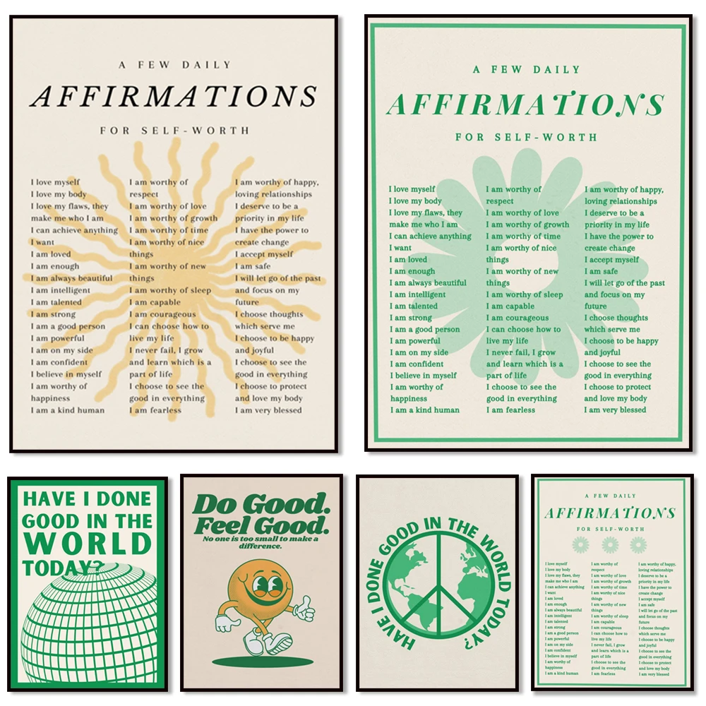 Daily Affirmations Print, Digital Wall Art, Retro Inspired, Self Love Poster, Self Worth Art, Gift for Her