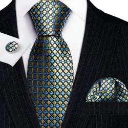 Designer Ties for Men Blue Gold Black Plaid Red Green Purple Silk Neck Tie Pocket Square Cufflinks Set Wedding Barry·Wang 6133