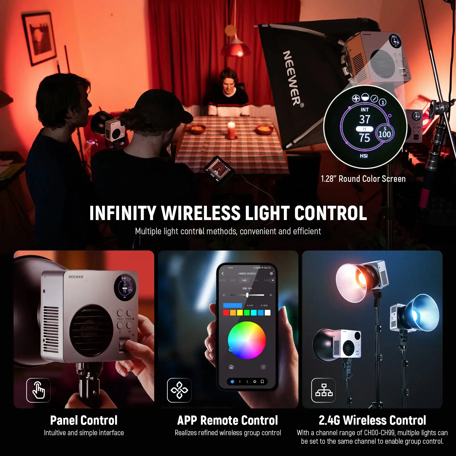 NEEWER HB80C 80W RGB Mini COB LED Video Light 2500K-7500K Bowens Mount Photography Light APP Control