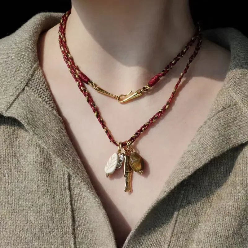 Red braided rope big fish necklace niche designer retro temperament high-end sweater chain stacked wearing versatile necklace