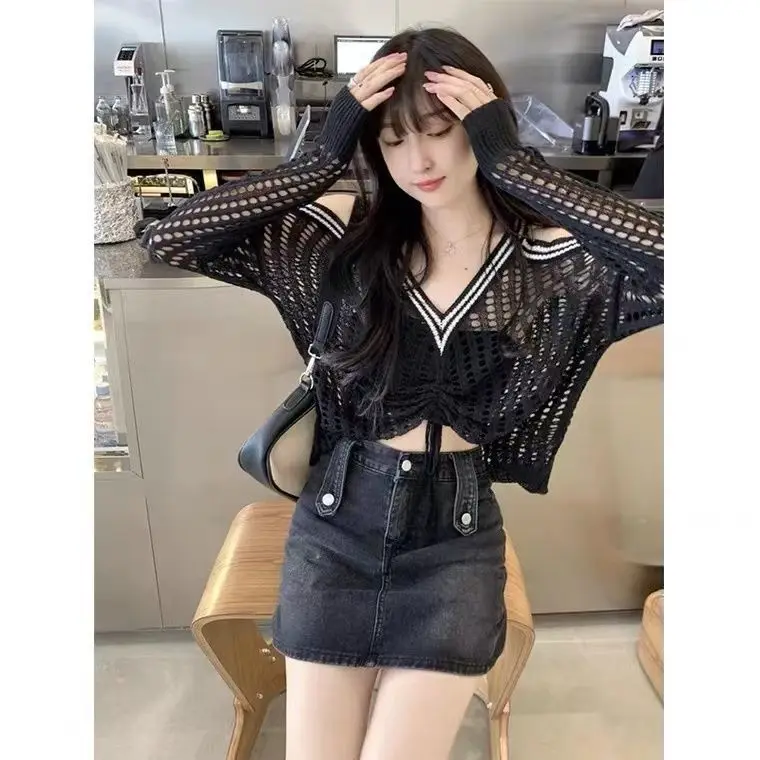 Off Shoulder Hollow Out Shirts Blouses Elegant and Youth Woman Blouse Drawstring Knitted V Neck Tops Vintage Y2k 2022 Fashion