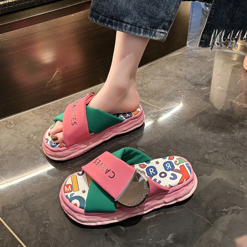 Shoes Woman's Slippers Low Slides Platform Shale Female Beach 2025 Sabot Rome PU Hoof Heels Fabric Scandals Rubber Shoes Woman 2