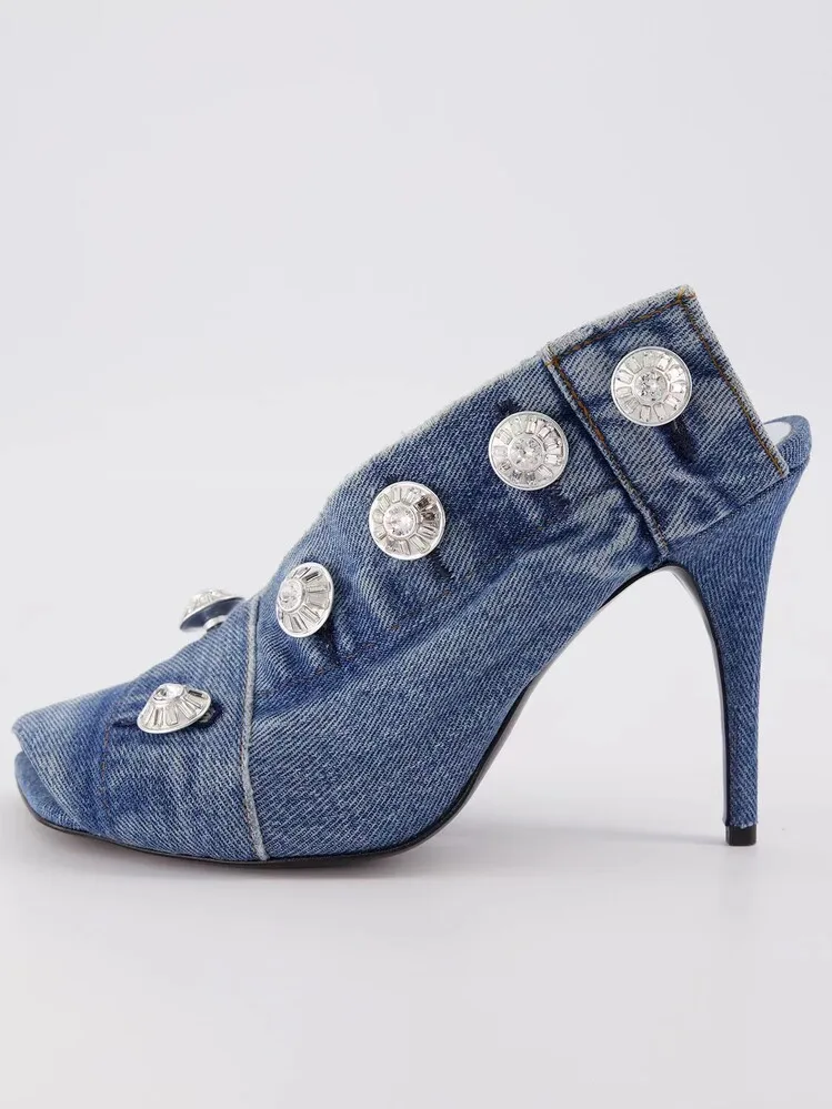 Summer European American Catwalk Thin Heel Super High Heel High Top Big Fishmouth Denim Buttons Slippers Square Toe Boots Women