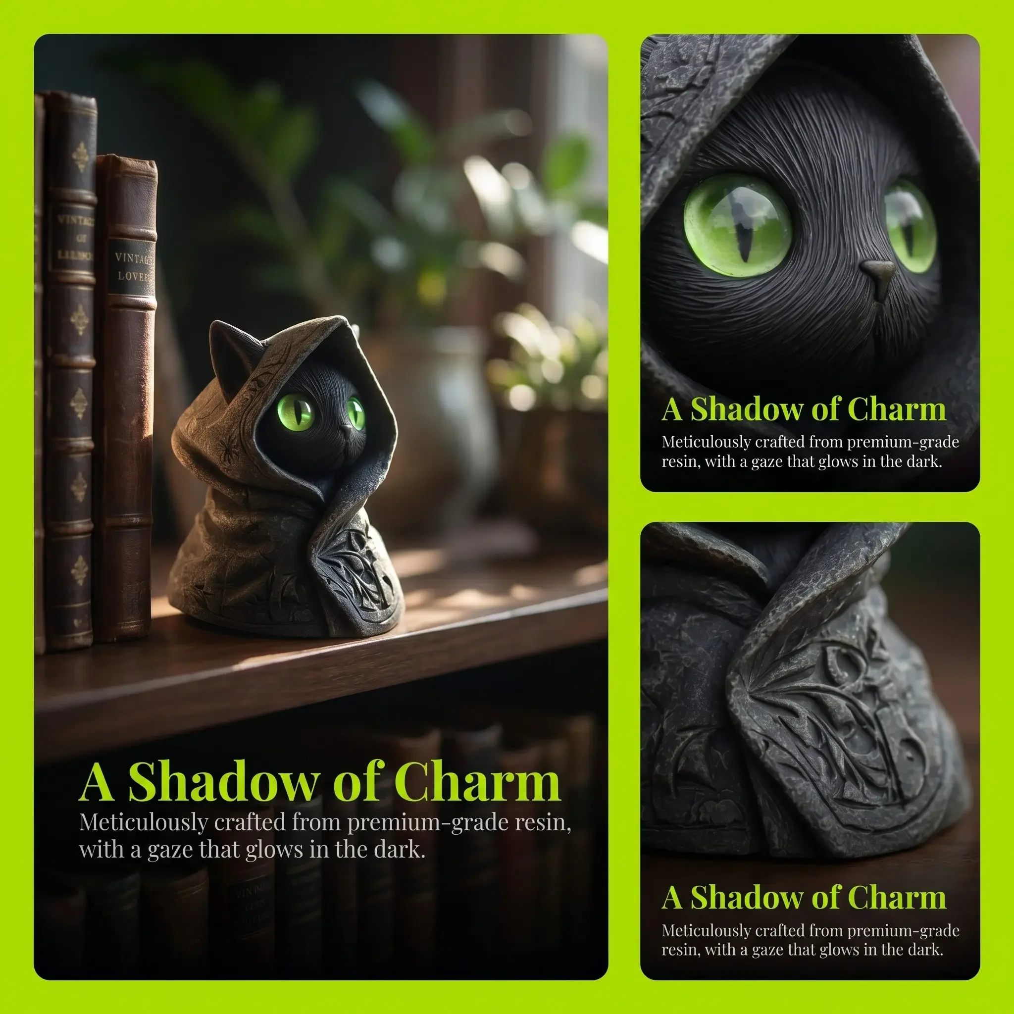 Gothic Cat Statue with Cloak, Mystical Resin Ornament, Fantasy Style Decor, Spooky Halloween Home Decoration, Gothic Culture Lover Gift, Glowing Eyes, Resin Figurine