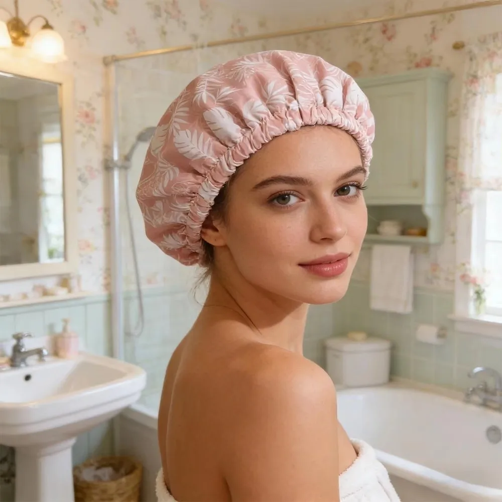 New Waterproof Shower Cap Satin Lined Reusable Bath Cap Double Layer Soft Elastic Band Shower Bonnet Salon Use