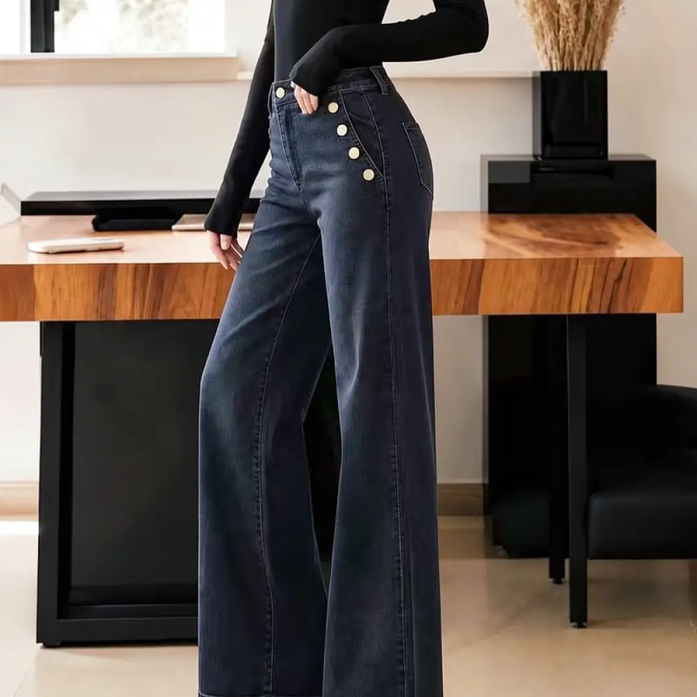 Women Black Grey Washed Denim Trousers Straight Leg Loose Fit Pants With Metal Buttons Fashion Streetwear High Elastic
