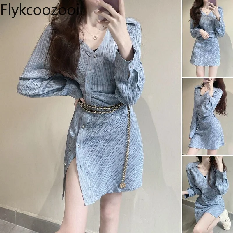 

Academy Premium Sequined Single Breasted Tight Folds Asymmetric Mini Dress Summer Women Waisted A-line Long Sleeve Dress