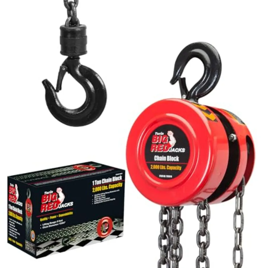 

TR9010-4 Hand Chain Hoist: 2 Heavy Duty Hooks 8ft/2.5m Manual Chain Fall for Warehouse Building and Automotive Machinery 1 Ton