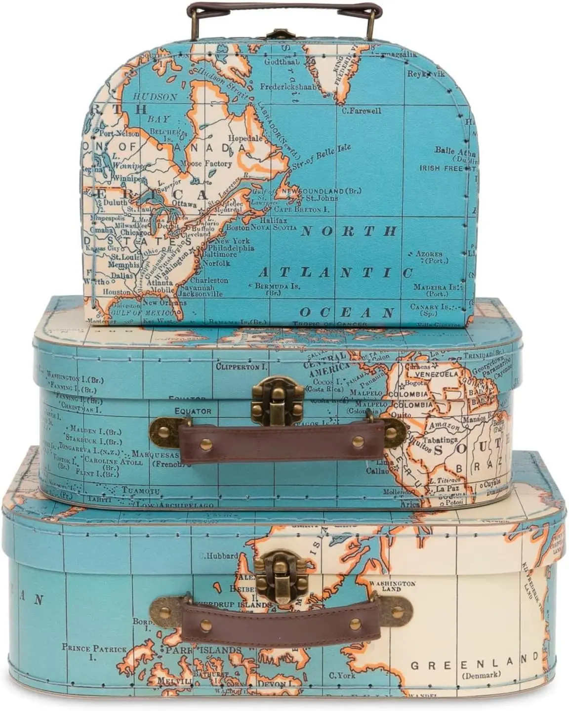 Jewelkeeper Paperboard Suitcases, Set of 3 Decorative Storage Boxes, Vintage Luggage for Birthdays, Weddings, World Map Design