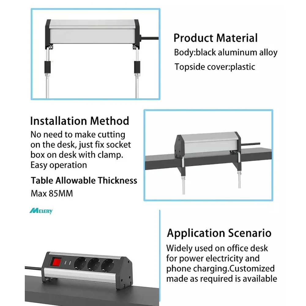 Gniazdo stołowe Melery 3 sposoby Wtyczki elektryczne Gniazda Zacisk na stole konferencyjnym Gniazda wtykowe UE Port USB dla niemieckich Biuro domowe