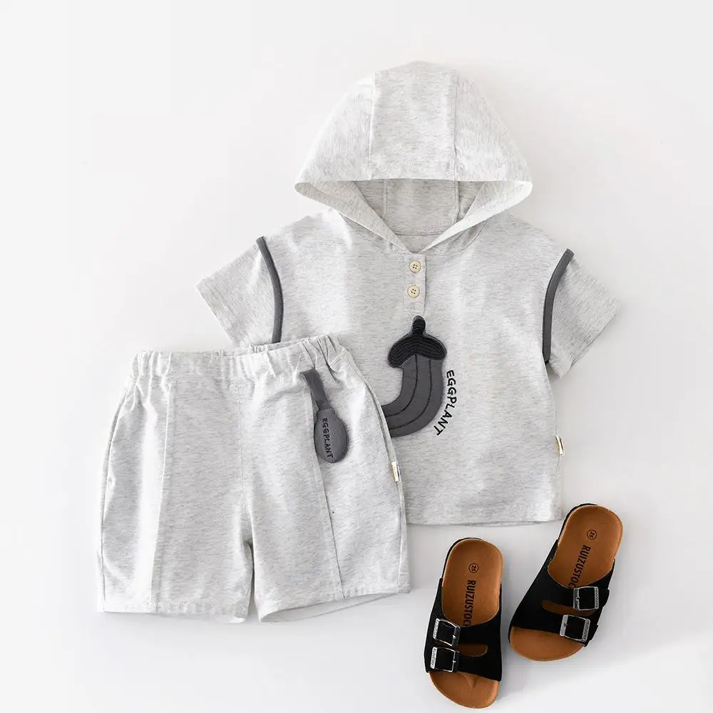2026 New Baby Summer Short Sleeve Sportswear Set Infant Boy Hooded Tops + Shorts 2pcs Suit Kids Casual Tracksuit Toddler Outfits