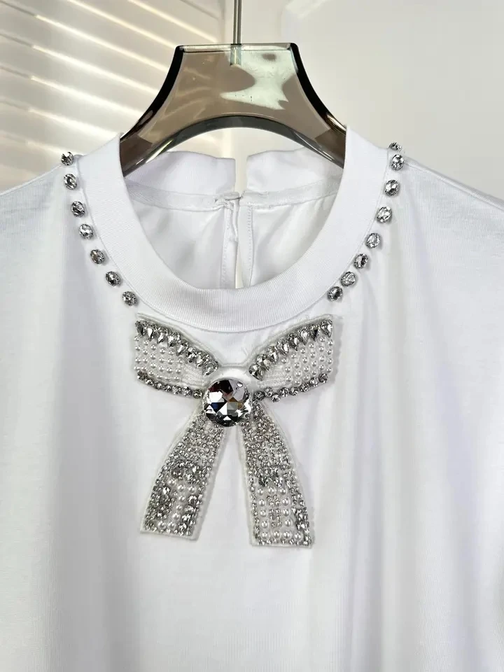 2024SS Summer Fashion Women White Diamonds Bow Casual T-Shirt Ladies Chic Tee Tops