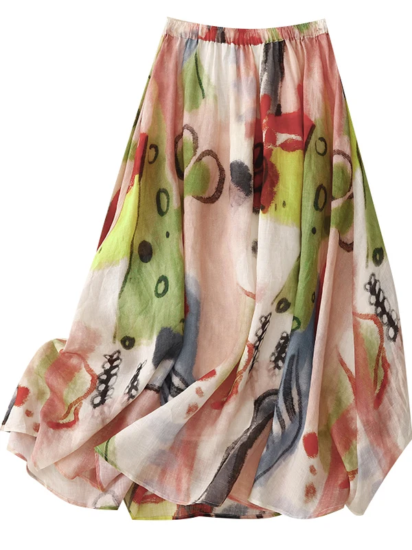 Jupe mi-longue trapèze surdimensionnée pour femmes, été, coton et lin imprimé, peinture fiti, jupe longue transparente, longueur f, parapluie...