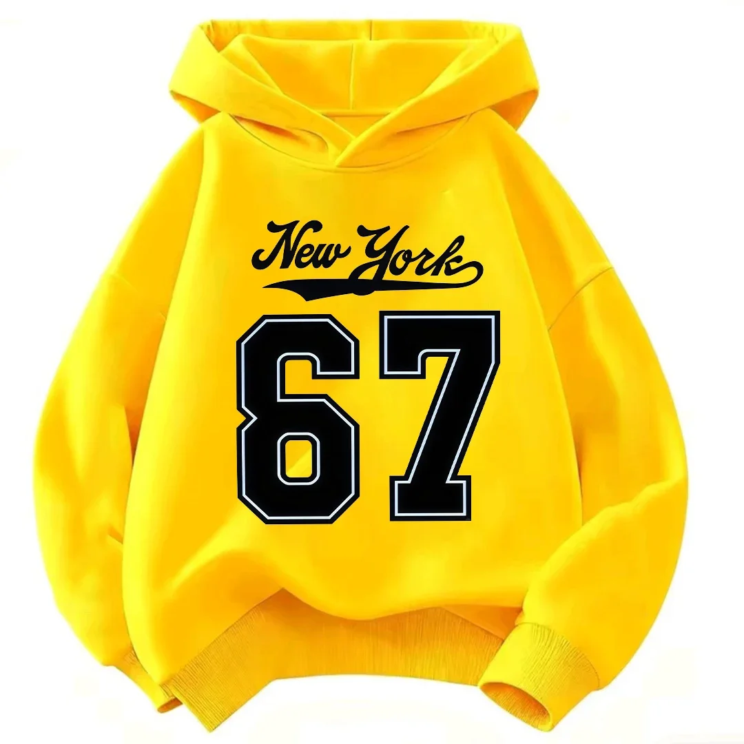 Einfarbiger Kinder-Kapuzenpullover mit New York Cursive & 67 Umrisse-Zahlen-Druck, locker geschnittener Kinder-Hoodie für Jungen und Mädchen im Alter von 2-12 Jahren. – Detail 5