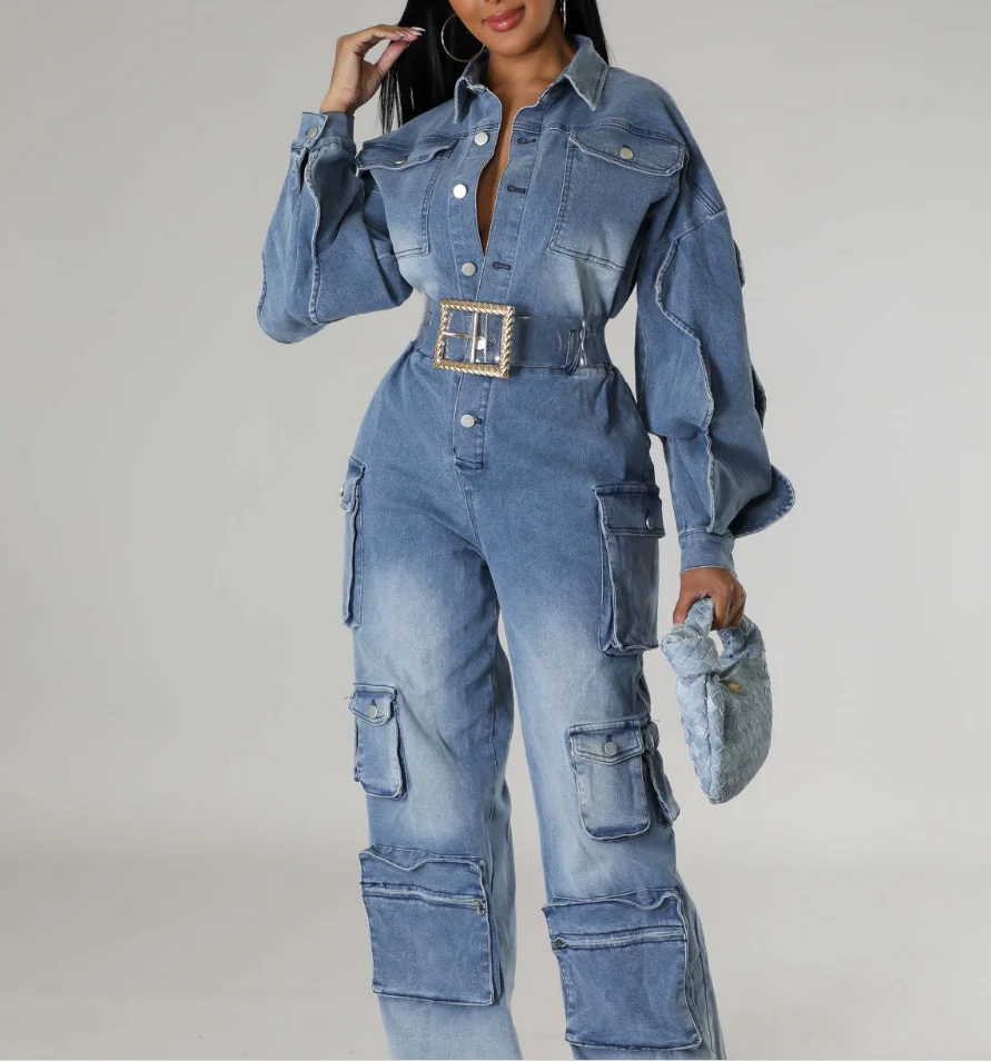 2026 Elegant New Fashion Work Pants Washed and Worn Denim Long Jumpsuit with Multiple Pockets and Wide Legs